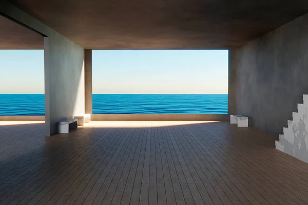 Room with bench and with big window to beautiful view to blue ocean. 3d render