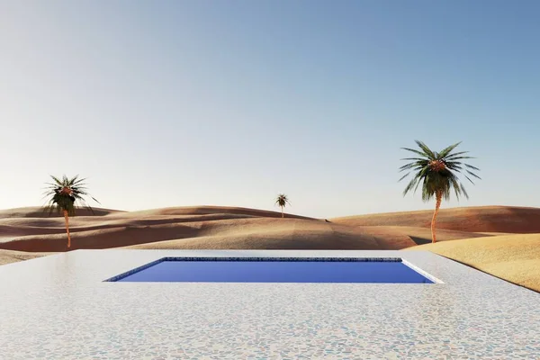 Oasis Sunset Sandy Desert Panorama Desert Palm Trees Swimming Pool — Foto de Stock