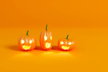 Turuncu arka planda gülen ve neşeli yüzlü balkabakları. 3d illüstrasyon