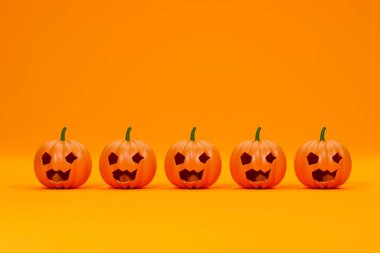 Balkabakları sırada bekliyor. 3D görüntüleme. Cadılar Bayramı için turuncu arka planda gülen bir suratla balkabağı. Jack O Lantern Cadılar Bayramı balkabağı, 3 boyutlu canlandırma.