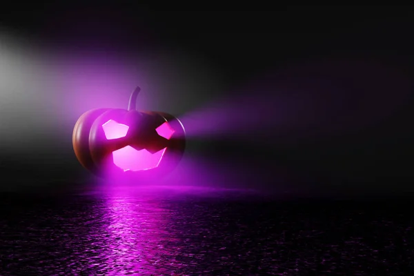 Calabaza Halloween Jack Lanterns Con Vela Púrpura Suelo Reflexión Renderizado —  Fotos de Stock