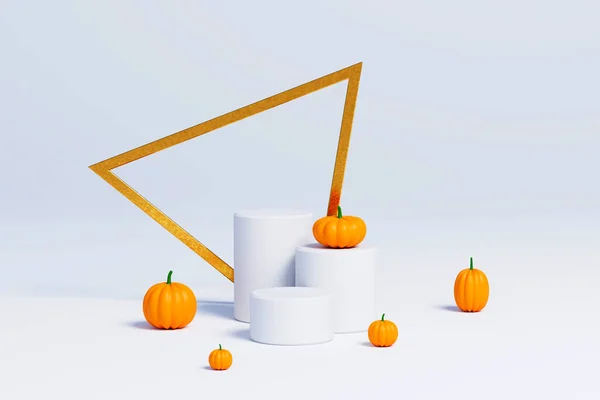 Halloween Háttér Talapzat Dobogó Fehér Háromszög Keret Sütőtök Kijelző Arannyal — Stock Fotó