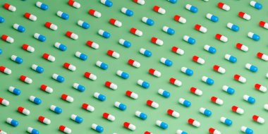 Açık yeşil arkaplan üzerindeki ilaç kapsülleri deseni