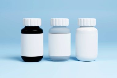 İlaç şişesi maketi. Boş etiketli ilaç kavanozları ve mavi arka planda siyah izole edilmiş beyaz haplar. 3d illüstrasyon