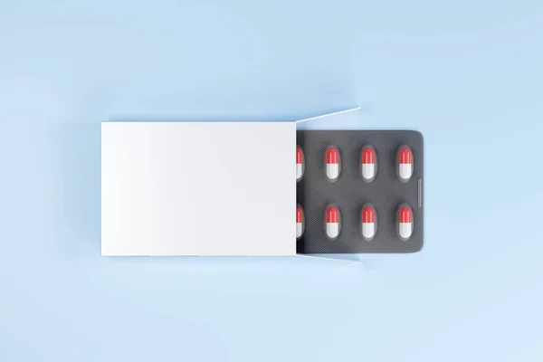 Blanco Verpakking Medische Capsules Sluiten Een Blauwe Achtergrond Illustratie — Stockfoto