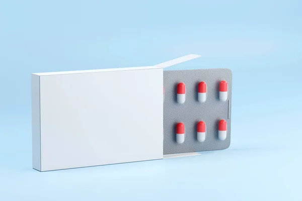 Blanco Verpakking Medische Capsules Sluiten Een Blauwe Achtergrond Illustratie — Stockfoto