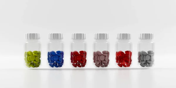 Plastics Bottles Filled Colored Pills White Background Render — Stock Photo, Image