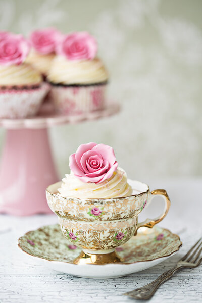 Afternoon tea with rose cupcakes