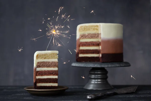 Chocolate Ombre Birthday Cake Slice Birthday Cake Decorated Celebration Sparkler — ストック写真