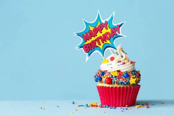 Viering Verjaardag Cupcake Met Superheld Gelukkige Verjaardag Taart Pick — Stockfoto