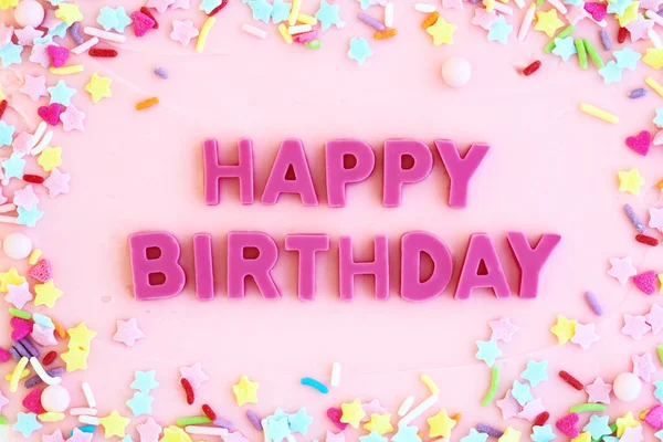 Pink Frosted Birthday Cake Pink Chocolate Happy Birthday Message Sprinkles ロイヤリティフリーのストック写真