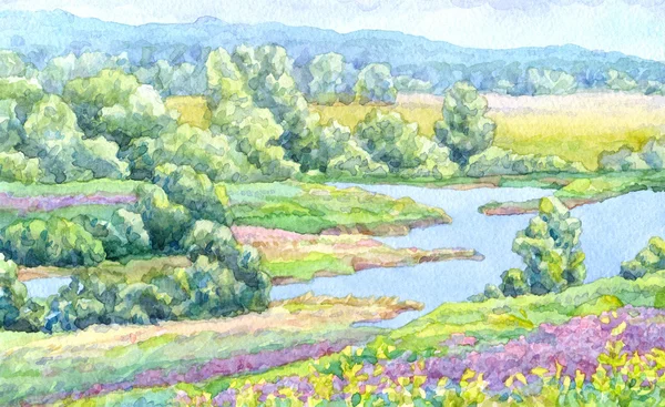 Акварельный пейзаж. Летняя река на лугах долины — стоковое фото