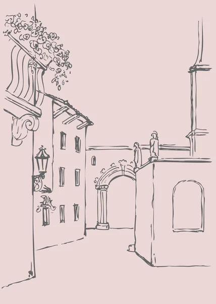 Esbozo vectorial del paisaje urbano. A fondo del antiguo monasterio — Vector de stock