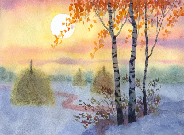 Akvarel krajiny. klidné zimní večer v poli — Stock fotografie