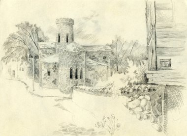 karakalem. Cityscape eski kilise