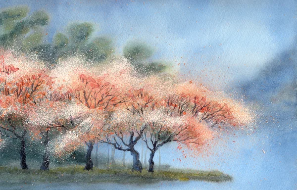 Watercolor landscape. Flowering trees near the river