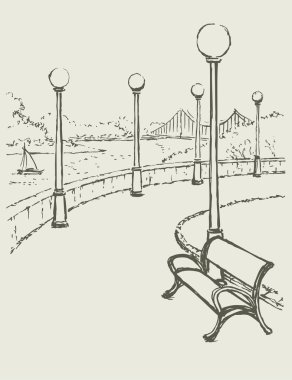 Vector landscape with river. Bench and lights along the road of clipart