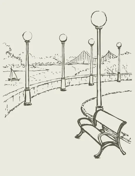 Vector landscape with river. Bench and lights along the road of — Stock Vector