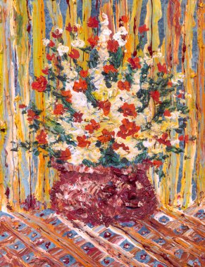 Oil painting. Still life of a lush bouquet of flowers in a red v
