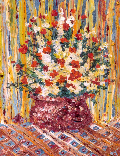 Ölmalerei. Stillleben eines üppigen Blumenstraußes in einem roten v — Stockfoto