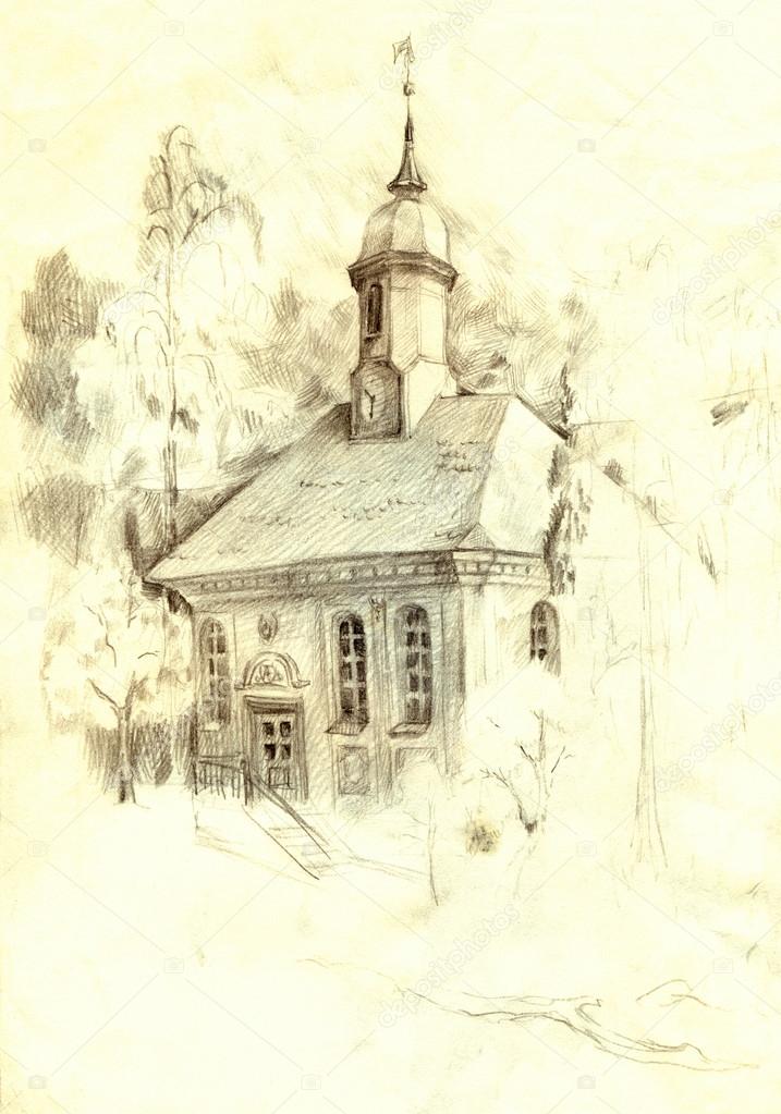 Architectural pencil sketch. The old church in the park