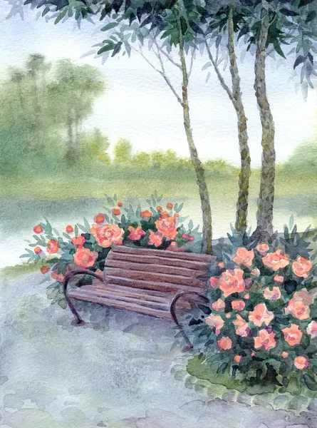 suluboya manzara. Park bankında çalı pions tarafından