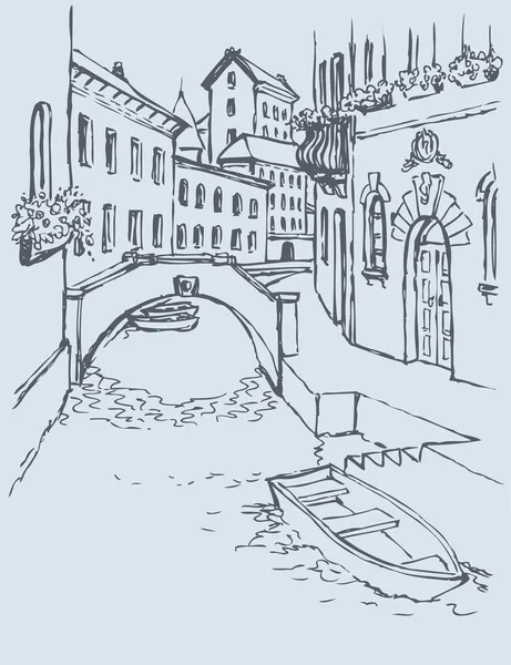 Dibujo vectorial. Canal estrecha calle veneciana con puente y gon — Vector de stock