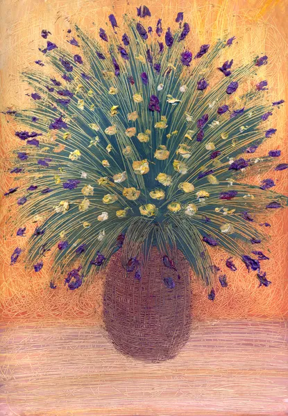 Pittura ad olio. Un bouquet lussureggiante di piccoli fiori delicati in un buio — Foto Stock