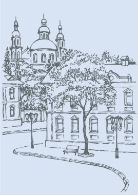 Cityscape vektör. eski sokak tezgahları ve fenerler