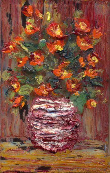 Still life oil. A small bouquet of bright red flowers in a round vase — Zdjęcie stockowe