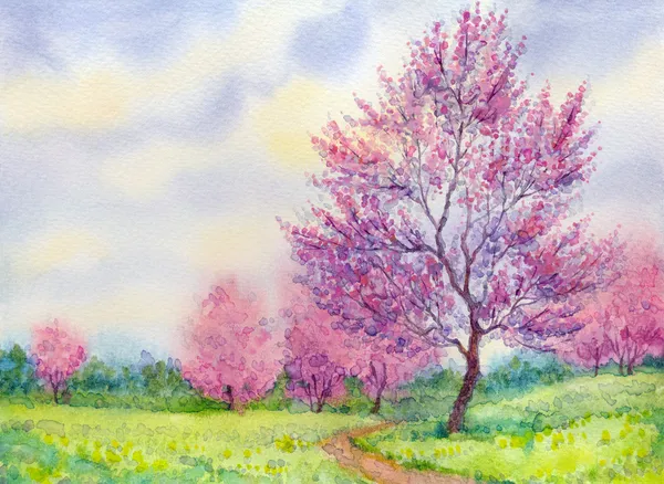 Watercolor spring landscape. Flowering tree in a field