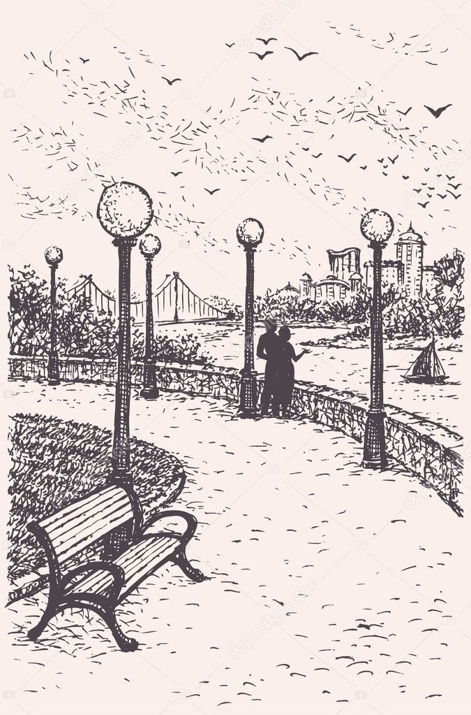 Vector landscape. Young couple on a park promenade with benches