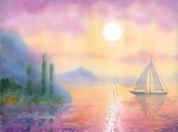 Watercolor landscape. Sailboat at Sea quiet evening — Stock Photo, Image