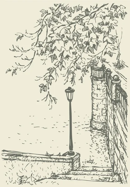 Vector landscape. Drooping branches and lantern on the old quay — Stock Illustration Vector landscape. Drooping branches and lantern on the old quay Stock Vector