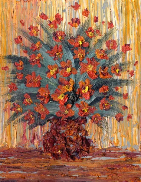 Peinture à l'huile. Nature morte d'un bouquet luxuriant de fleurs rouges dans un v — Photo