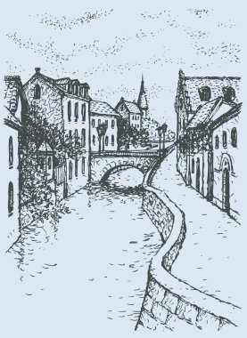 vektör cityscape kanal üzerindeki köprü ile dar sokak