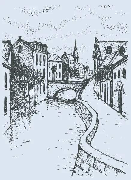 Vektorstadtbild der schmalen Straße mit Brücke über den Kanal — Stockvektor
