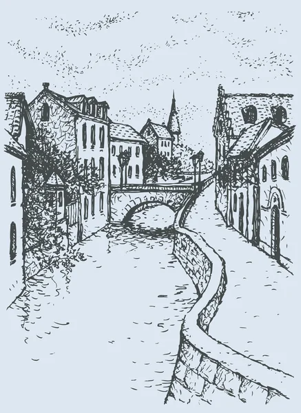 vektör cityscape kanal üzerindeki köprü ile dar sokak