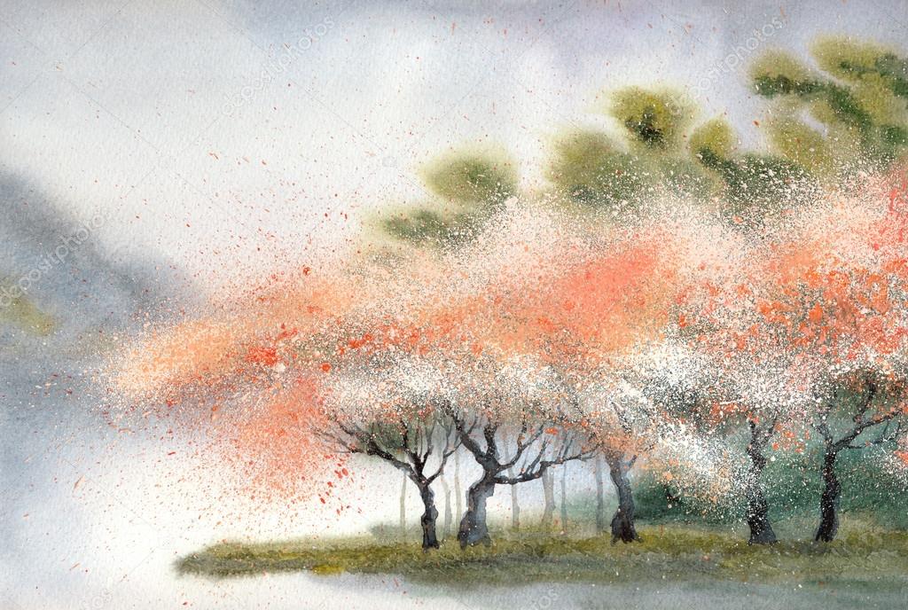 Watercolor landscape. Flowering trees near rive