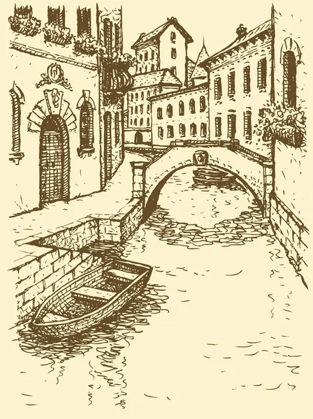 Vector drawing. Canal narrow Venetian street with bridge and gon — Stock Illustration Vector drawing. Canal narrow Venetian street with bridge and gon Stock Illustration