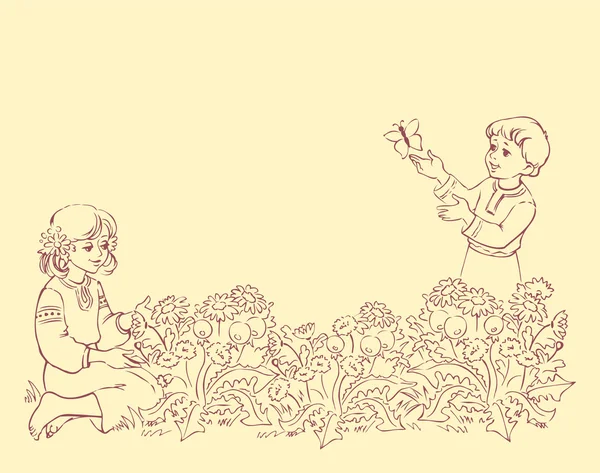 Vector decorative frame. Joyful children are playing in the mead