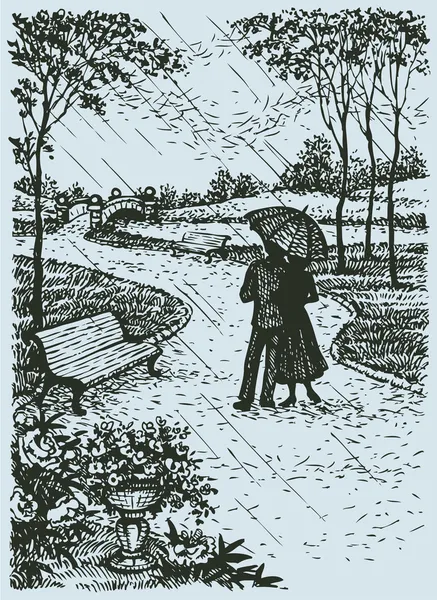 Paesaggio vettoriale. Giovane coppia con ombrello passeggiando attraverso par — Vettoriale Stock