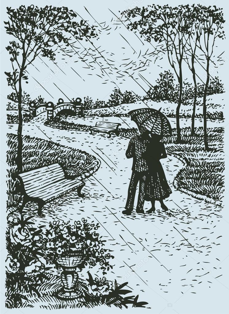 Vector landscape. Young couple with umbrella walking through par