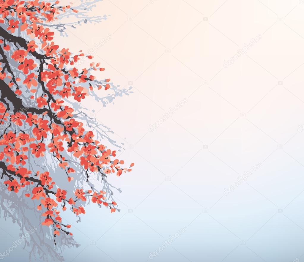 Vector background in Japanese style. Blossoming cherry branches