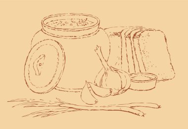 vektör çizimi Ukraynalı öğle yemeği. sıcak çorba??ekmeği, sarımsak, soğan