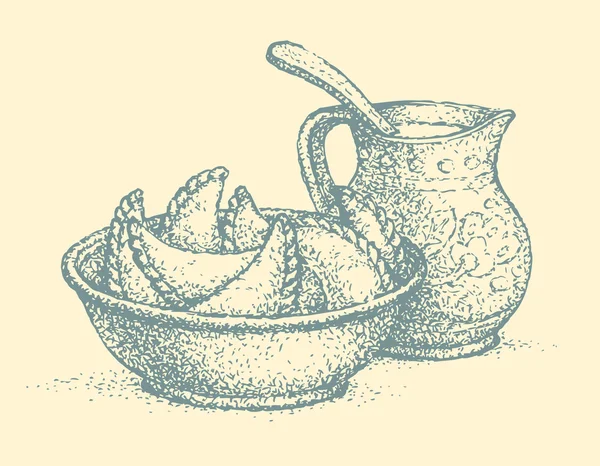 Вектор натюрморт. Традиційні українські страви: пельмені — стоковий вектор