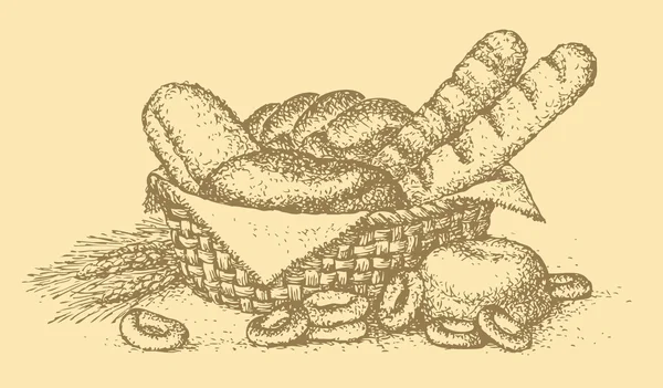 Vecteur nature morte. Panier de pâtisseries fraîches — Image vectorielle