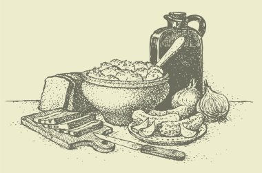 Vektör Natürmort: patates, salatalık, soğan, ekmek ve pastırma dilimlerini