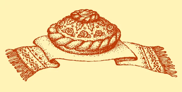 Vector drawing. Karavai - traditional Slavic holiday bread — Stock Vector