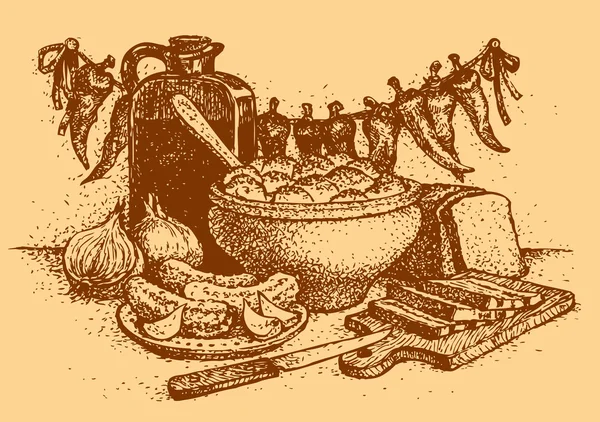 Вектор натюрморт: картопля, огірки, цибуля, хліб і бекон — стоковий вектор